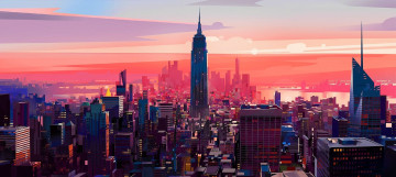 Картинка рисованное города город закат