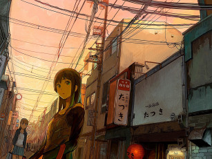 Картинка аниме город +улицы +интерьер +здания девочки улица