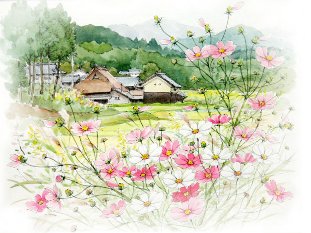 Обои картинки фото рисованные, природа, цветы, космея, дервня, дома, деревья