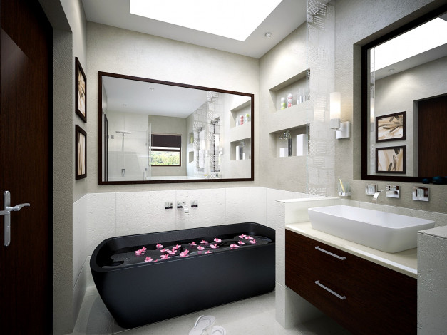 Обои картинки фото интерьер, ванная, туалетная, комнаты, цветы, зеркало, ванна, дверь