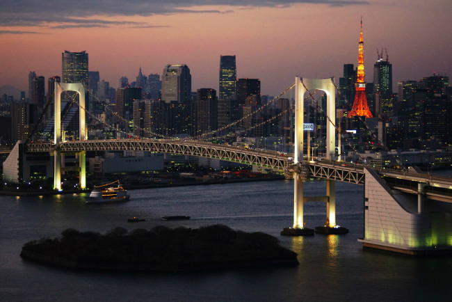 Обои картинки фото города, токио, Япония, река, вечер, город