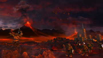 Картинка 3д графика fantasy фантазия замок птицы вулкан горы сущестпа