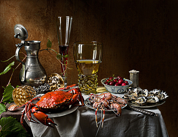 Обои картинки фото еда, натюрморт, бокалы, вино, краб, креветки, моллюски, вишни