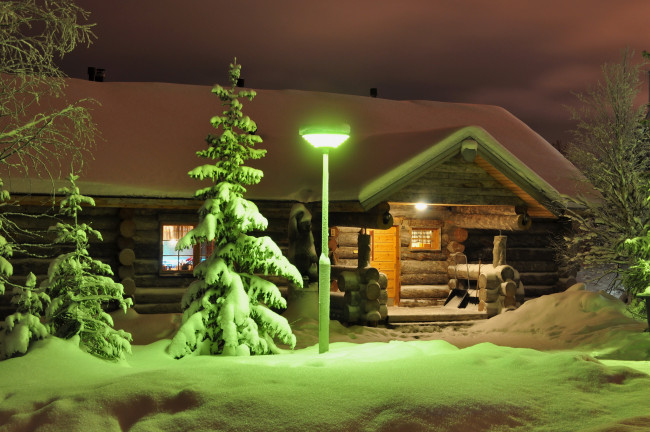 Обои картинки фото лапландия, финляндия, разное, сооружения, постройки, дом, огни, ночь, зима, снег