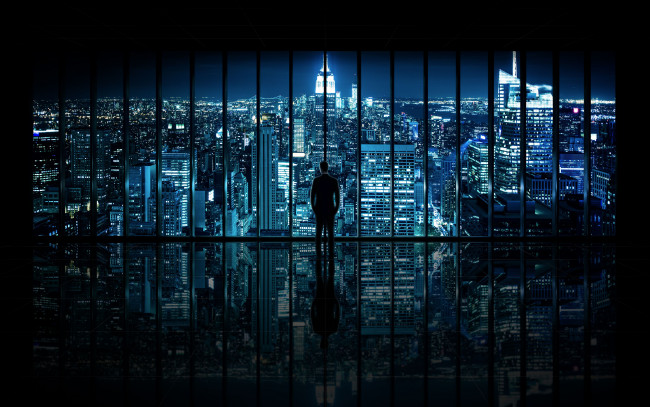 Обои картинки фото разное, компьютерный дизайн, ночной, город, нью-йорк, человек, new, york, city, панорама, окно