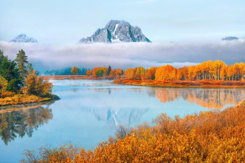 Картинка природа реки озера гранд-титон национальный парк облака лес вода oxbow bend осень горы туман пар сша штат вайоминг