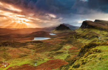 Картинка природа реки озера свет лучи солнце облака небо холмы область хайленд остров скай шотландия вечер долина горы