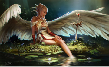 Картинка фэнтези ангелы девушка пруд сабля ангел крылья
