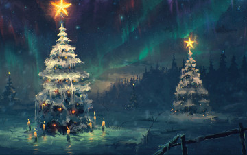обоя праздничные, рисованные, елки, зима, ночь