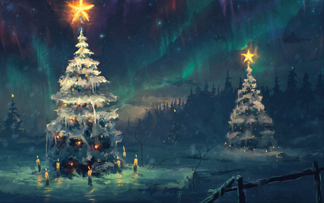 Обои картинки фото праздничные, рисованные, елки, зима, ночь