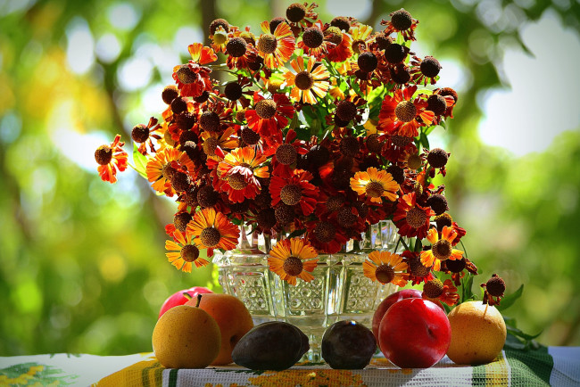 Обои картинки фото еда, натюрморт, цветы, фрукты, букет