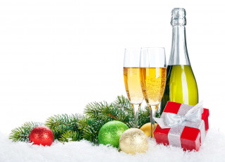Картинка праздничные угощения подарок ветка шарики шампанское