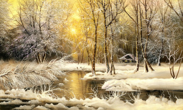 Картинка рисованное природа зима река лес