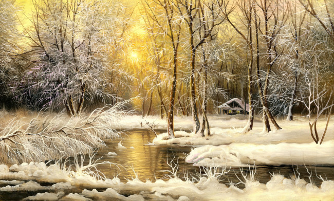 Обои картинки фото рисованное, природа, зима, река, лес