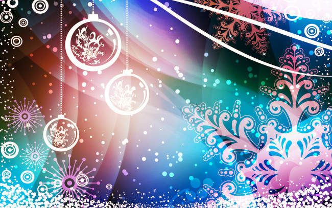Обои картинки фото праздничные, векторная графика , новый год, снежинки, украшения, шары, снег