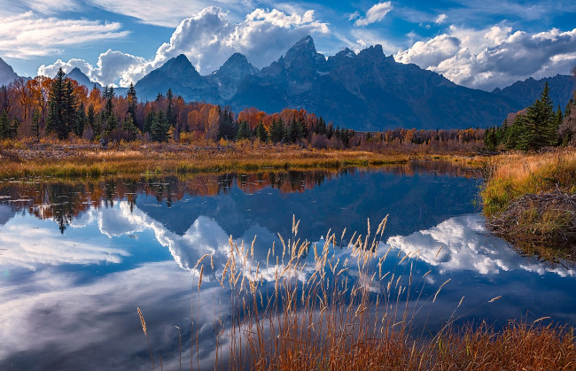 Обои картинки фото природа, реки, озера, горный, хребет, титон, осень, отражение, река, снейк, горы, вайоминг, гранд-титон, скалистые
