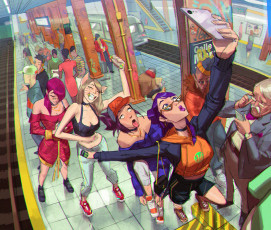 Картинка рисованное комиксы люди метро селфи
