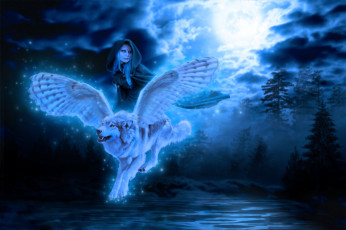 Картинка фэнтези существа крылья волк фон девушка