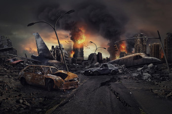 Картинка фэнтези иные+миры +иные+времена пожар город самолет автомобиль