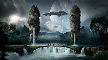 Картинка фэнтези иные+миры +иные+времена корабли люди водопад вода фон скалы