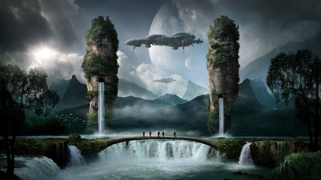 Обои картинки фото фэнтези, иные миры,  иные времена, корабли, люди, водопад, вода, фон, скалы