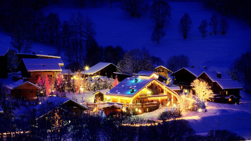 Картинка города -+здания +дома деревня огни склон снег