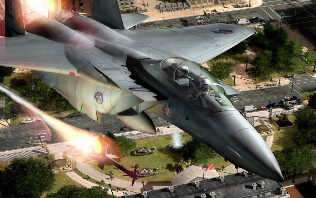 Обои картинки фото видео игры, act of war,  direct action, самолет, полет, город, бомба