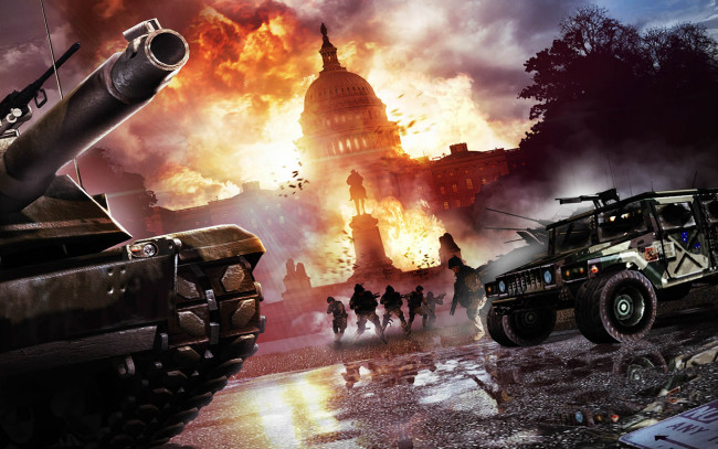 Обои картинки фото видео игры, act of war,  direct action, вашингтон, бой, техника, солдаты, взрыв