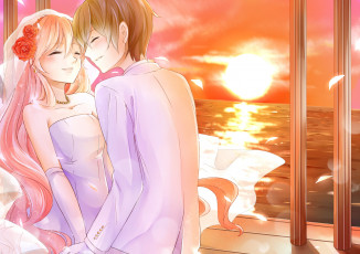 Картинка аниме *unknown другое море радость эмоции парень девушка невеста закат цветы фата ветер