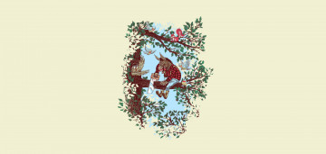 Картинка рисованные животные сказочные мифические сова листья идиот довольный толстый пила птицы дерево осел ветка