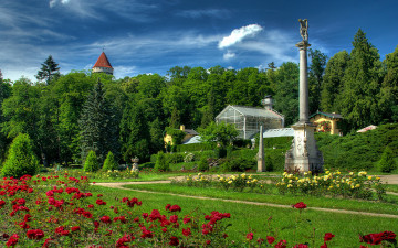 Картинка природа парк башня цветы статуя деревья павильон