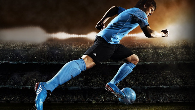 Обои картинки фото бренды, adidas, футболист, стадион, мяч, кроссовки