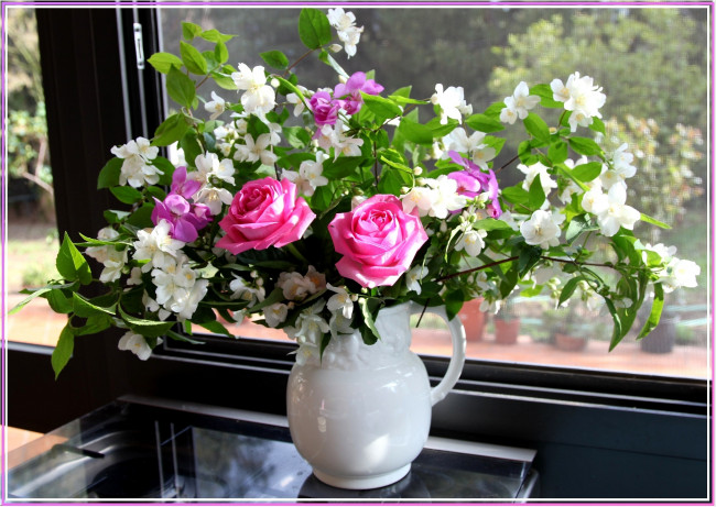 Обои картинки фото цветы, букеты, композиции, жасмин, розы, кувшин