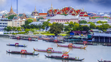 обоя города, бангкок , таиланд, река, судна, дворцы