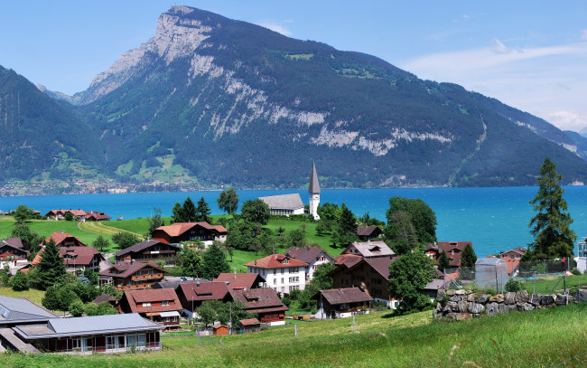Обои картинки фото thun,  switzerland, города, - пейзажи, деревья, дома, озеро, горы, швейцария