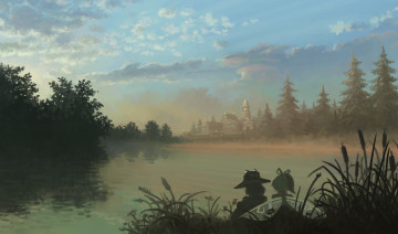 Картинка рисованное природа лес облака небо озеро замок
