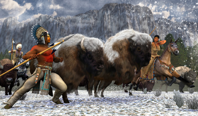 Обои картинки фото 3д графика, люди , people, снег, горы, бизоны, охота, индейцы