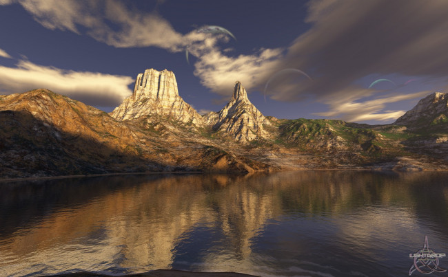 Обои картинки фото 3д графика, природа , nature, облака, планеты, небо, озеро, горы
