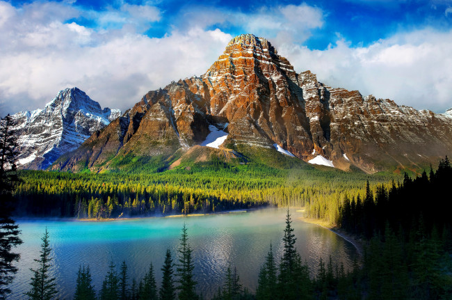 Обои картинки фото природа, реки, озера, деревья, небо, озеро, снег, лес, горы, облака