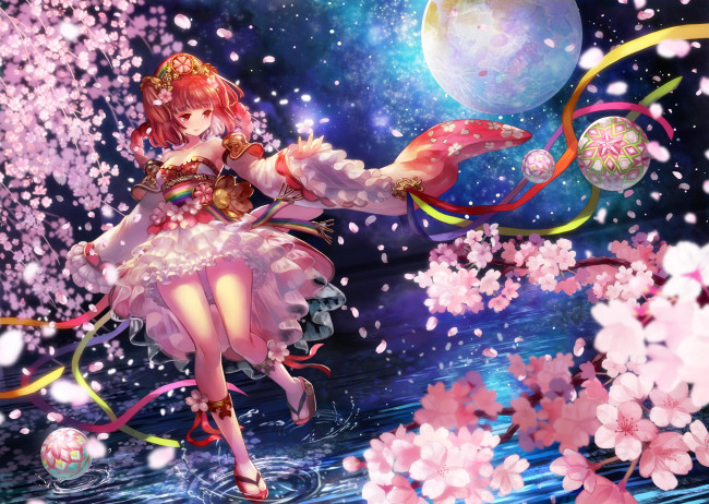 Обои картинки фото автор,  terai, аниме, unknown,  другое, вода, луна, девочка, арт, сакура, цветы