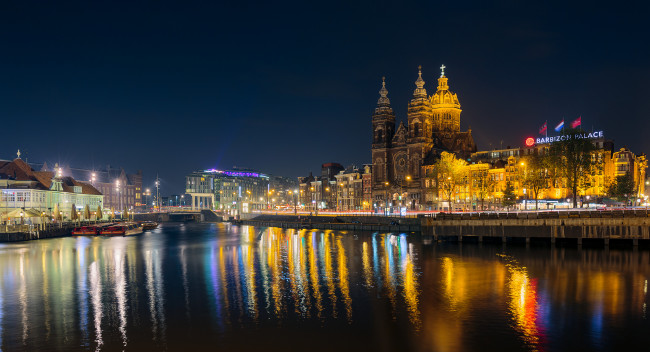 Обои картинки фото amsterdam, города, амстердам , нидерланды, огни, ночь