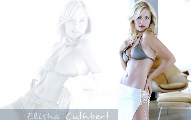 Обои картинки фото девушки, elisha cuthbert, блондинка, купальник, юбка, кресло