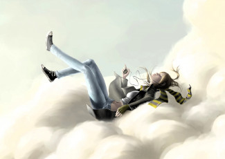 Картинка рисованное люди девушка пальто джинсы облако