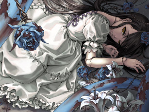Картинка аниме *unknown другое девушка розы синие цветы шипы проволока колючая кровь