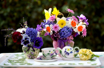 Картинка цветы букеты композиции нарциссы хризантемы гиацинт виола чашки поднос фрезия