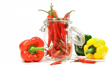 Картинка еда перец желтый зеленый красный острый витамины овощи банка сладкий болгарский