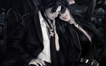 обоя фэнтези, вампиры, галстук, пиджак, улыбка, клыки, парень, девушка
