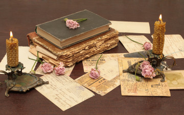 Картинка разное ретро +винтаж книги цветы свечи старые розы винтаж
