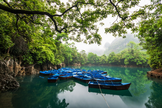 Обои картинки фото корабли, лодки,  шлюпки, река, лес, туман