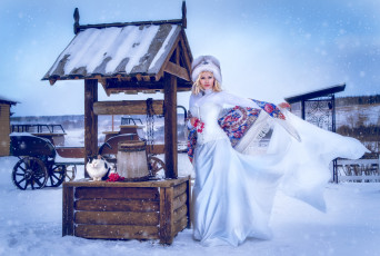 Картинка девушки -unsort+ блондинки колодец платок корсет шапка кот платье зима блондинка